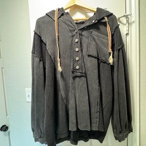 POL Black Hooded Pullover Sweatshirt with Button Placket